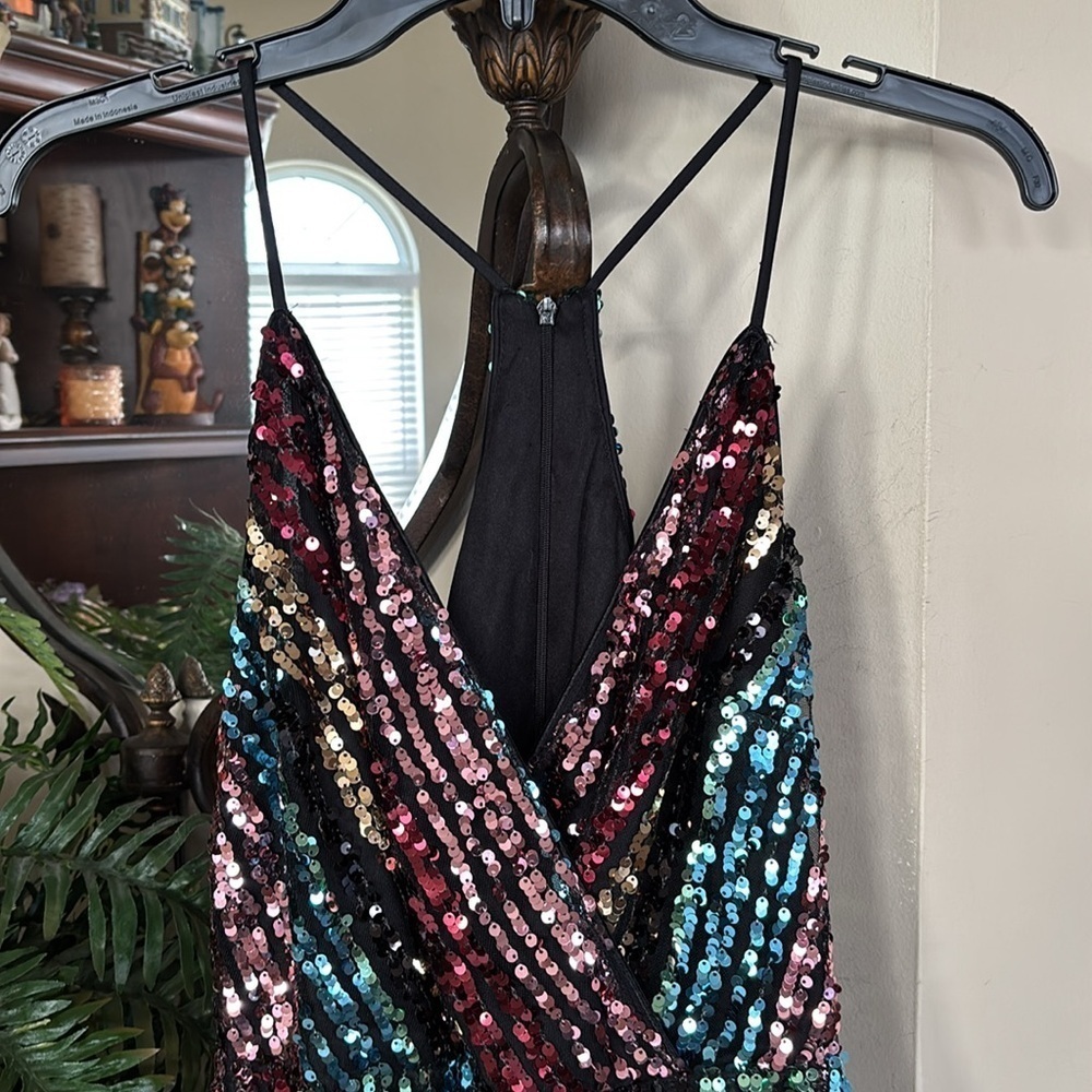 Venus Sparkly Rainbow Striped Sequin Colorful Cocktail Dress Spaghetti Strap - Picture 2 of 15